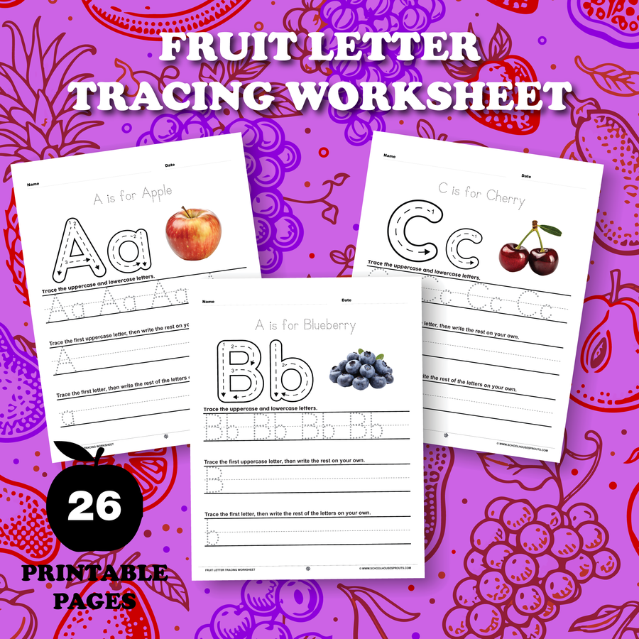 A-Z Fruit Letter Tracing Worksheet (26 Printable Pages)