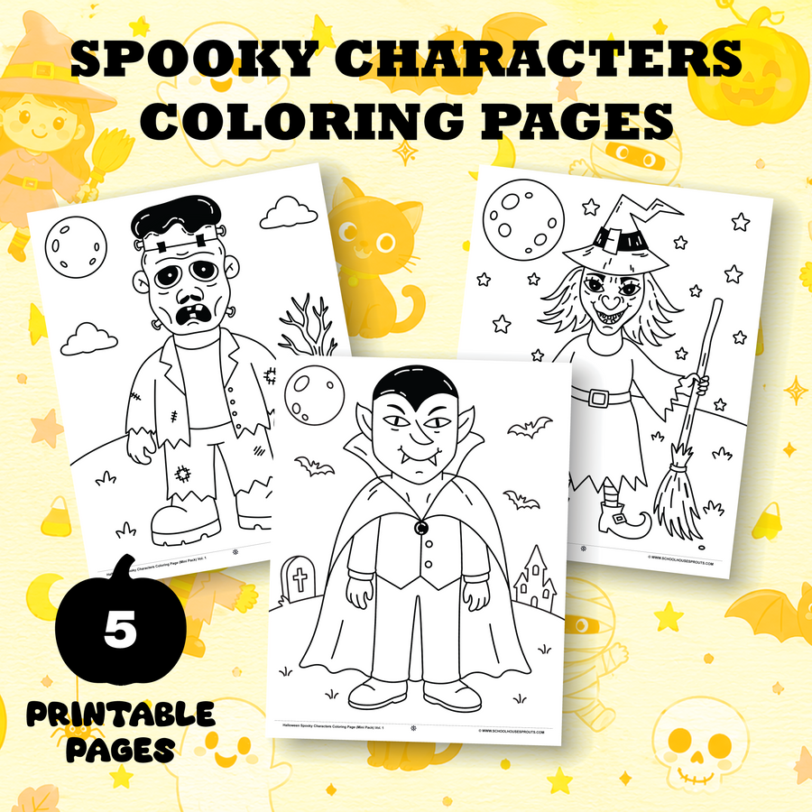 Halloween Spooky Characters Coloring Pages Mini Pack (5 Printable Pages)