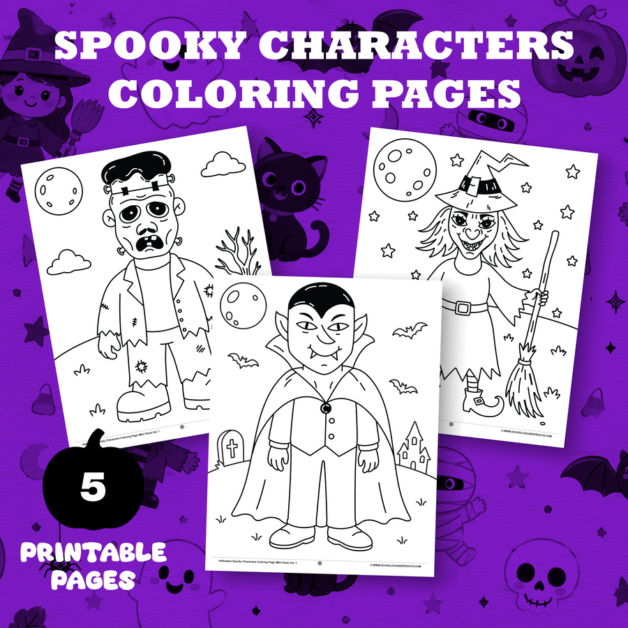 Halloween Spooky Characters Coloring Pages Mini Pack (5 Printable Pages)