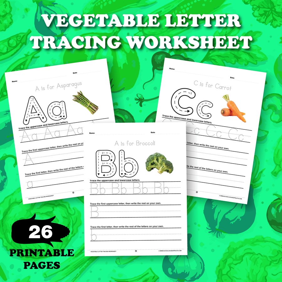 A-Z Vegetable Letter Tracing Worksheet (26 Printable Pages)